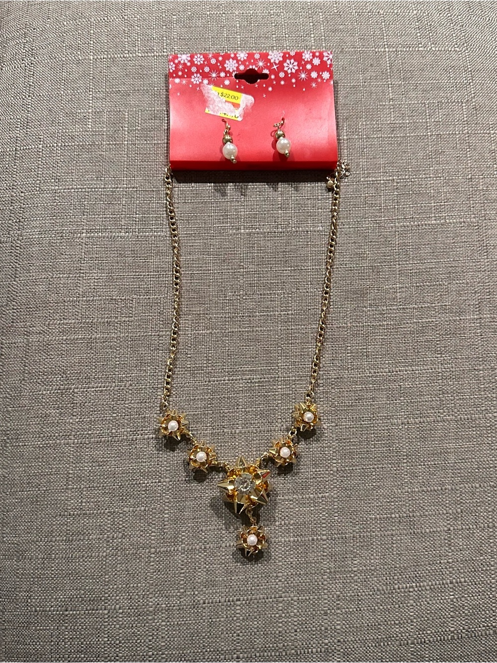 Gold-Tone Pearl Floral Statement Necklace and Earrings Set